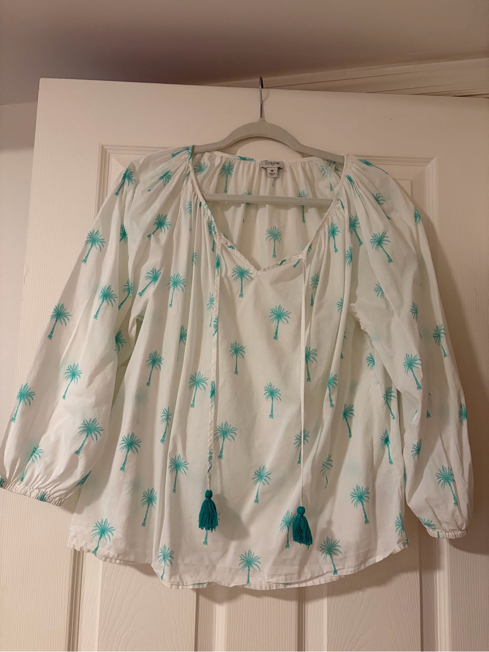 J. Crew White Palm-Print Peasant Tunic with Teal Tassels